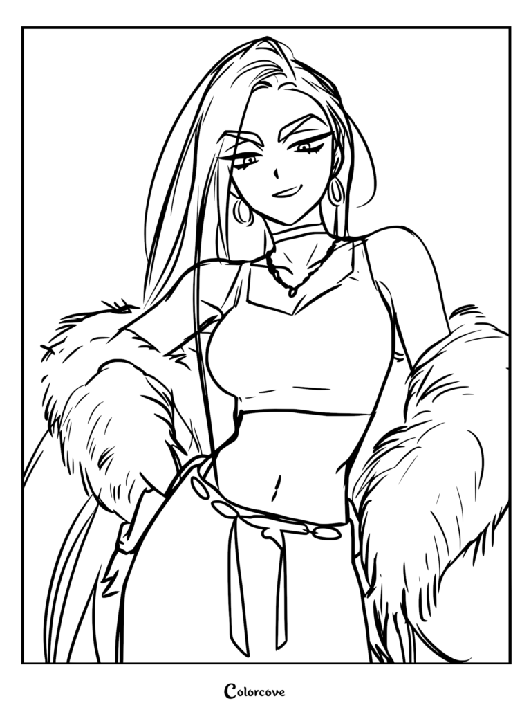 A detailed line art coloring page of Hyuna from Alien Stage, featuring her long hair, hoop earrings, and a fluffy fur coat draped over her shoulders.