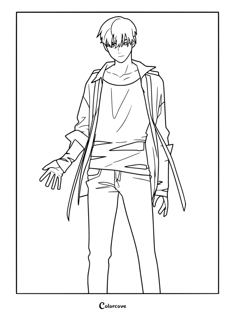 A clean line art coloring page of Ivan from Alien Stage, standing with a relaxed posture and wearing a layered outfit with an open jacket.