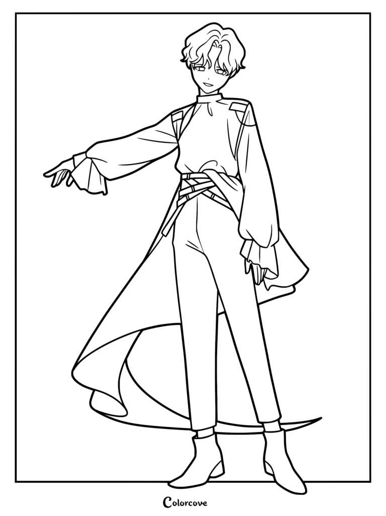 A printable coloring page featuring Luka from Alien Stage, standing in a graceful pose with his signature long-sleeved outfit and flowing cape.