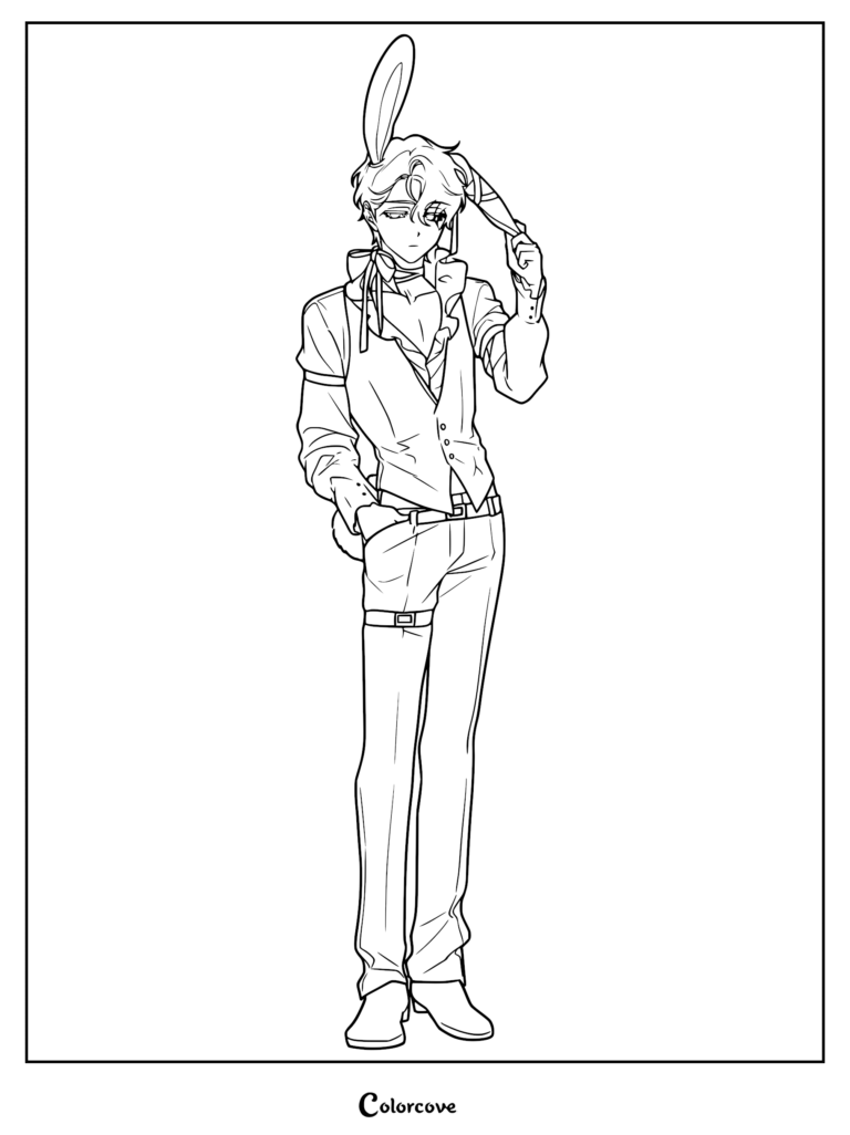 Luka from Alien Stage wearing a bunny ear headband, line art style coloring page.