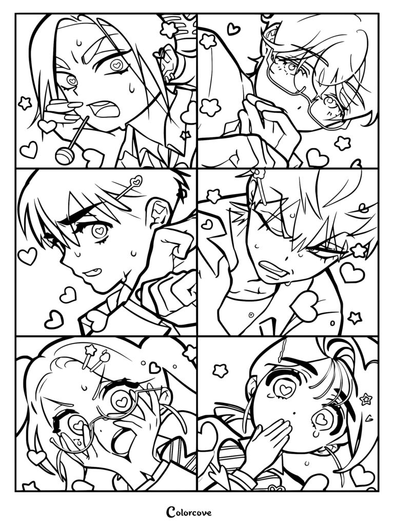 A six-panel coloring page featuring the main cast of Alien Stage, including Mizi, Sua, Till, Ivan, Luka, and Hyuna with heart-shaped eyes and expressive faces.