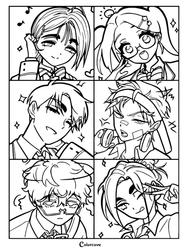 A printable coloring page featuring headshots of Mizi, Sua, Till, Ivan, Luka, and Hyuna from Alien Stage in a grid layout.