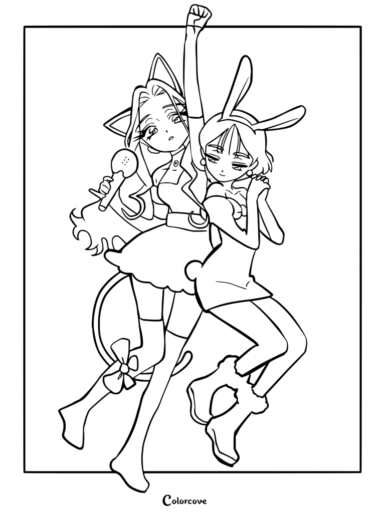 Line art coloring page of Mizi and Sua from Alien Stage, featuring Mizi with cat ears and a microphone and Sua wearing bunny ears in a dynamic pose.