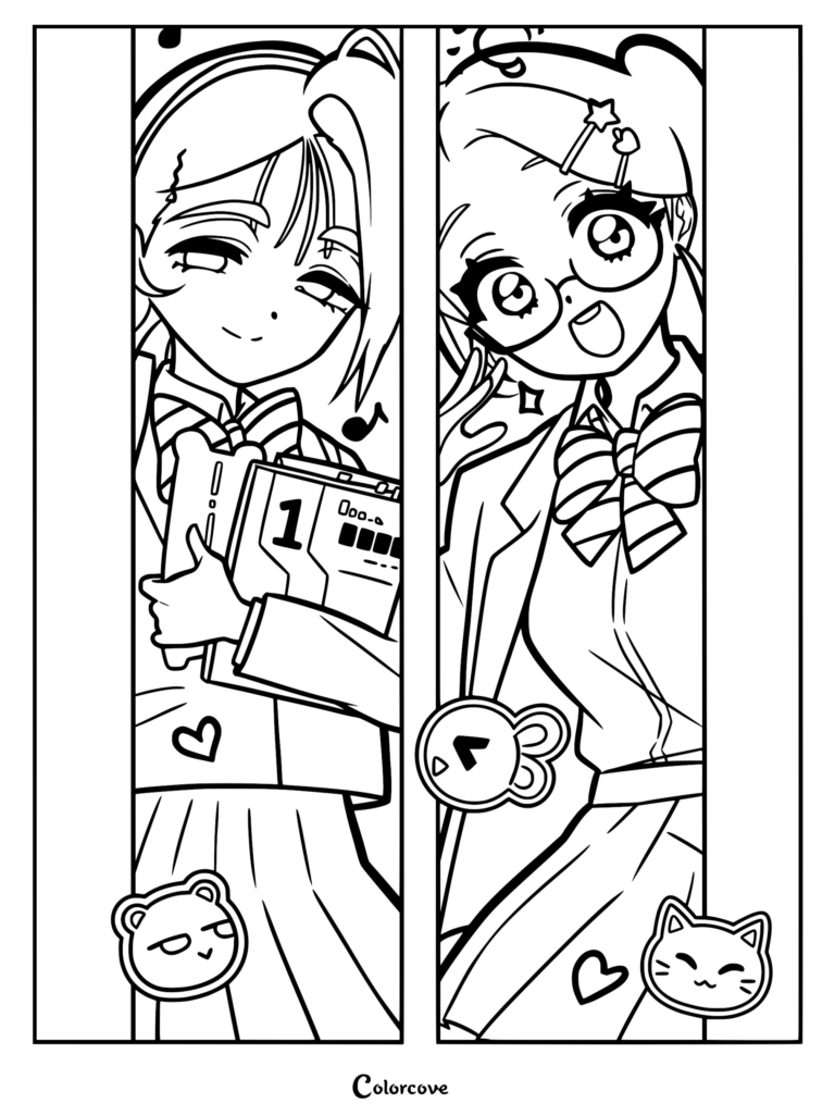 A printable coloring page featuring Mizi and Sua from Alien Stage, depicted in two separate vertical panels with cute animal icons and school uniforms.