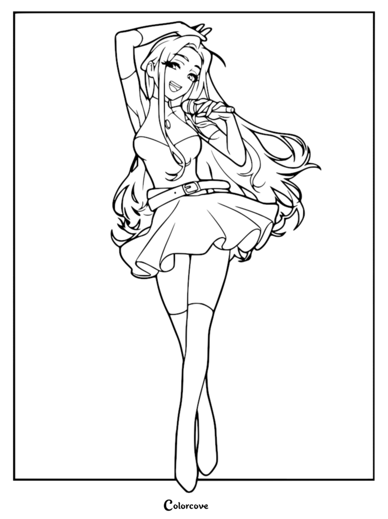 Mizi from Alien Stage singing into a microphone on stage, detailed line art coloring page of the idol character with long flowing hair.