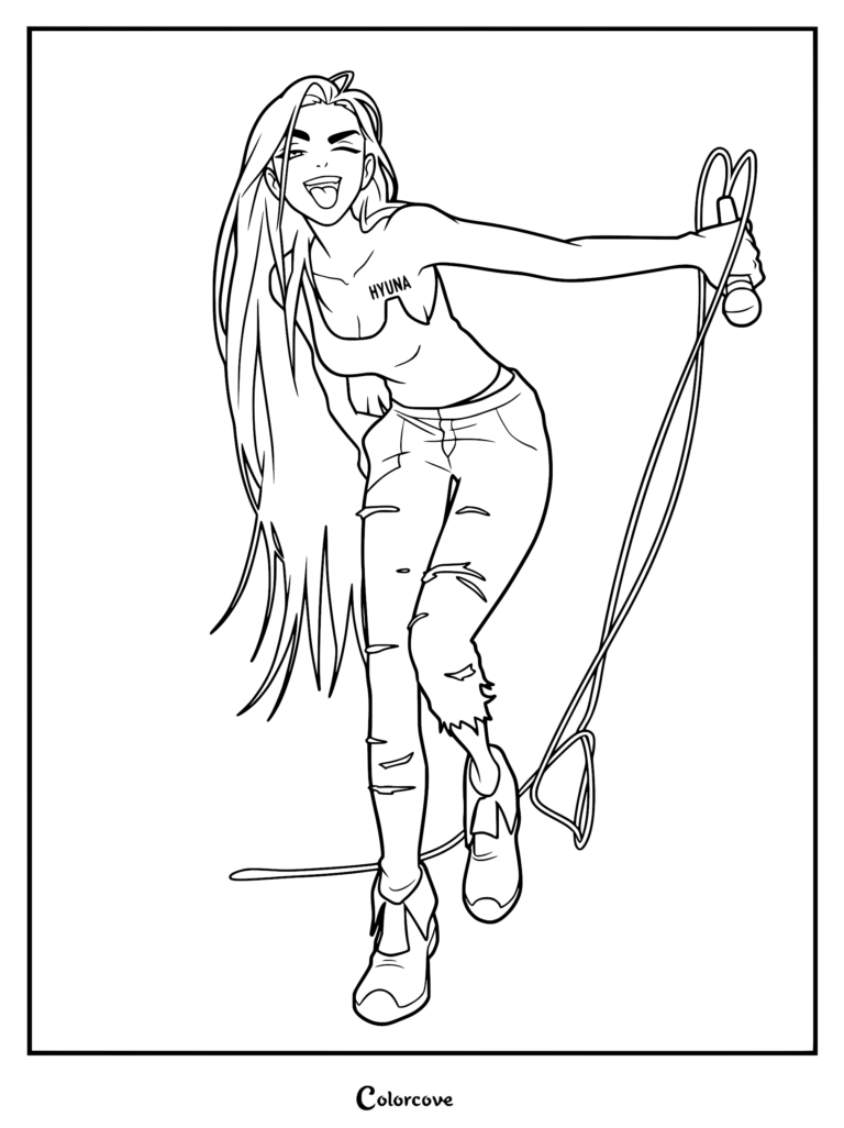 Hyuna from Alien Stage with long hair sticking her tongue out while holding a microphone, presented as a printable coloring page.