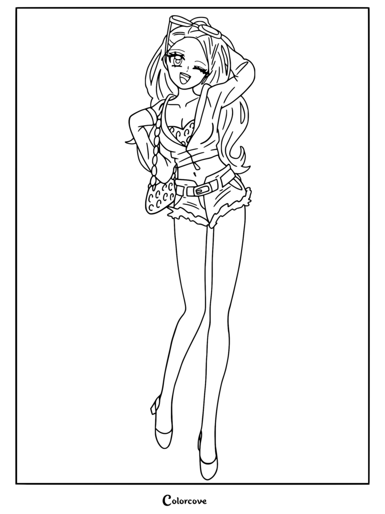 A line art coloring page of Mizi from Alien Stage, featuring her in a stylish outfit with sunglasses on her head and a handbag.