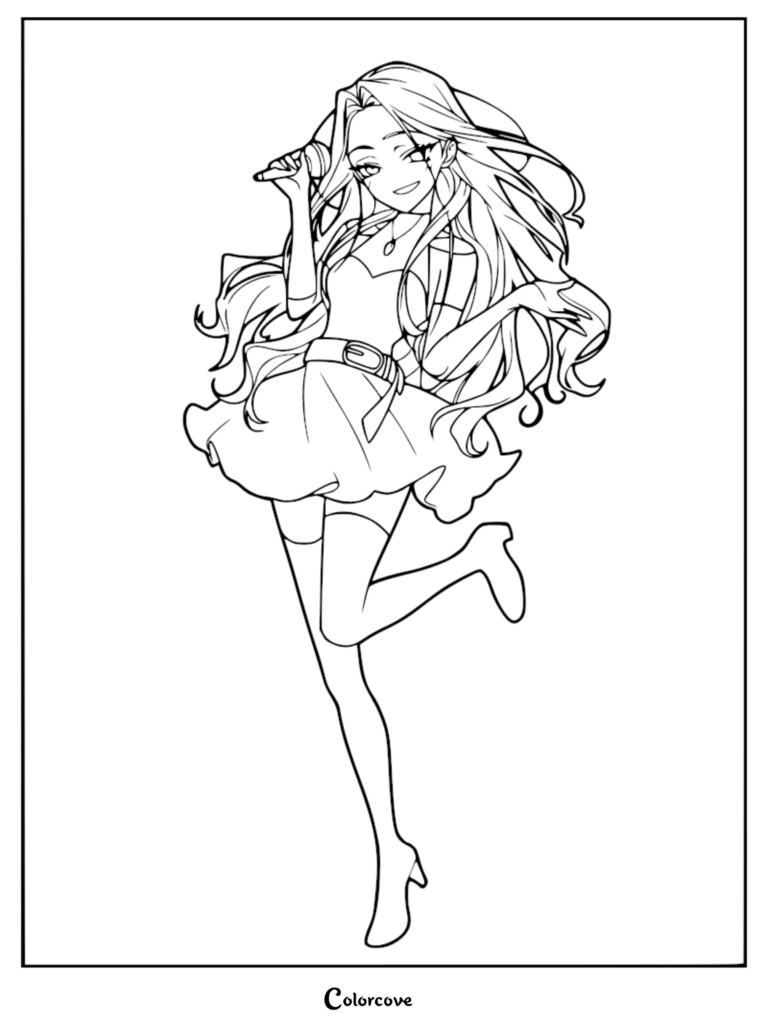 Line art of Mizi from Alien Stage holding a microphone and posing energetically, suitable as a printable coloring page.