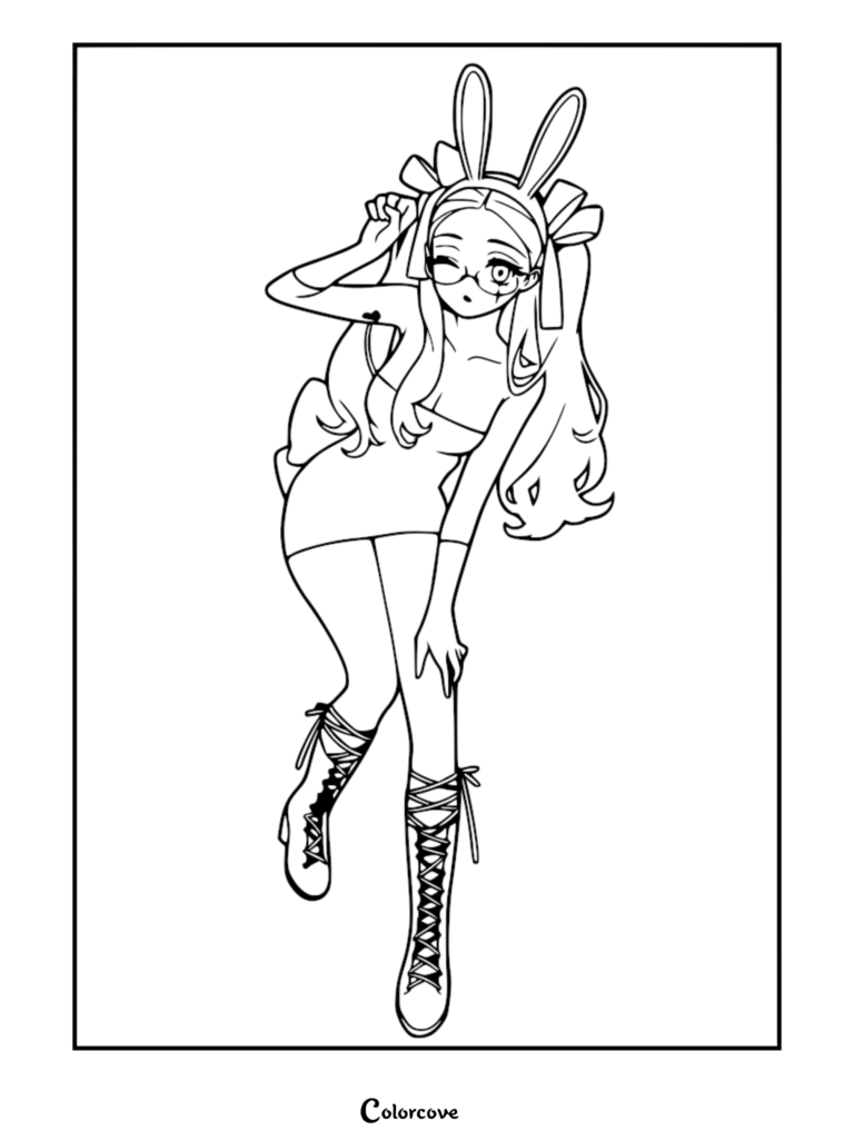 Mizi from Alien Stage wearing bunny ears and lace-up boots in a playful pose, presented as a clean line art coloring page.
