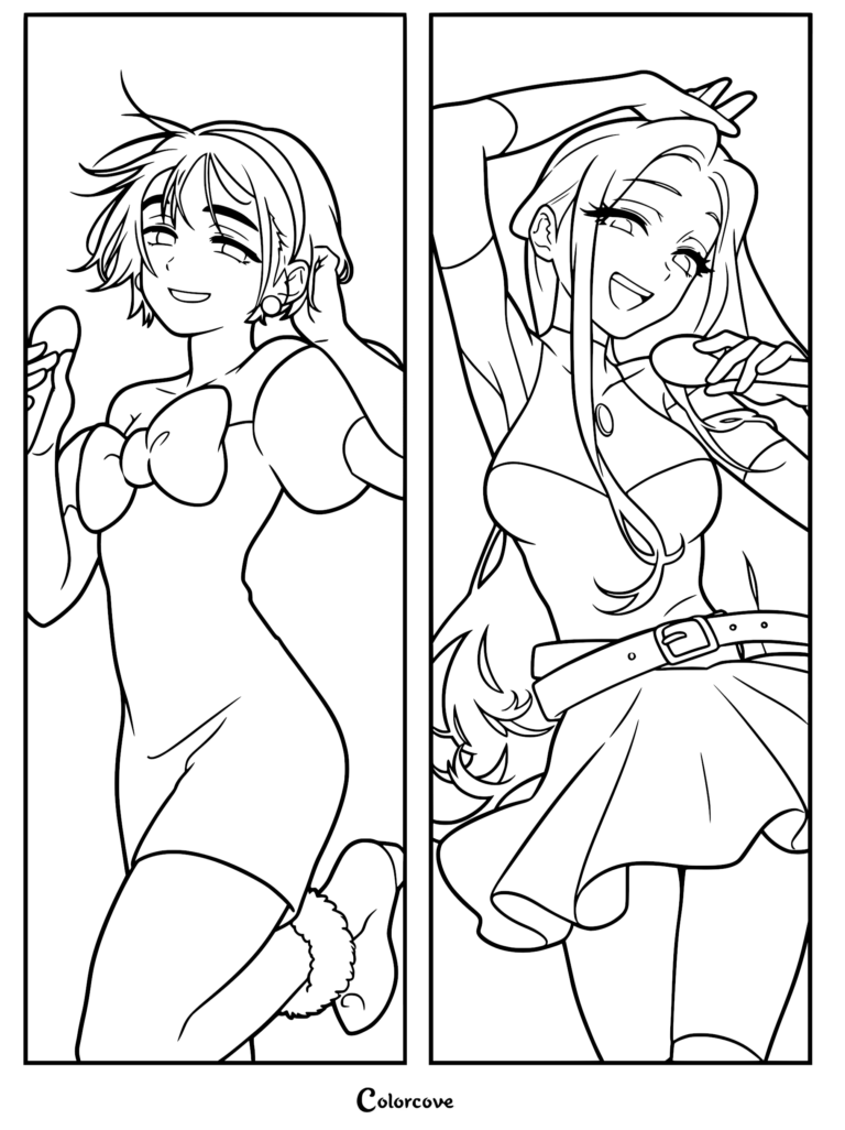 A printable coloring page featuring Sua and Mizi from Alien Stage, with Sua on the left and Mizi on the right, both holding microphones and posing.