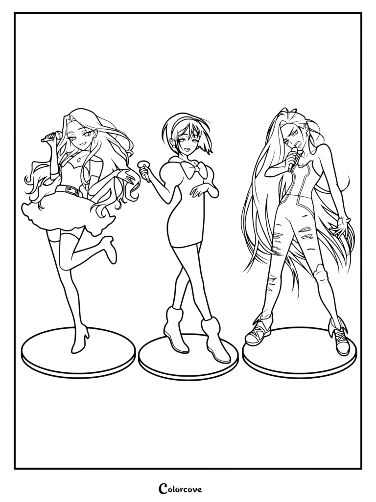 Line art coloring page featuring Sua, Mizi, and Hyuna from Alien Stage standing on circular platforms, each holding a microphone and posing in their signature outfits.