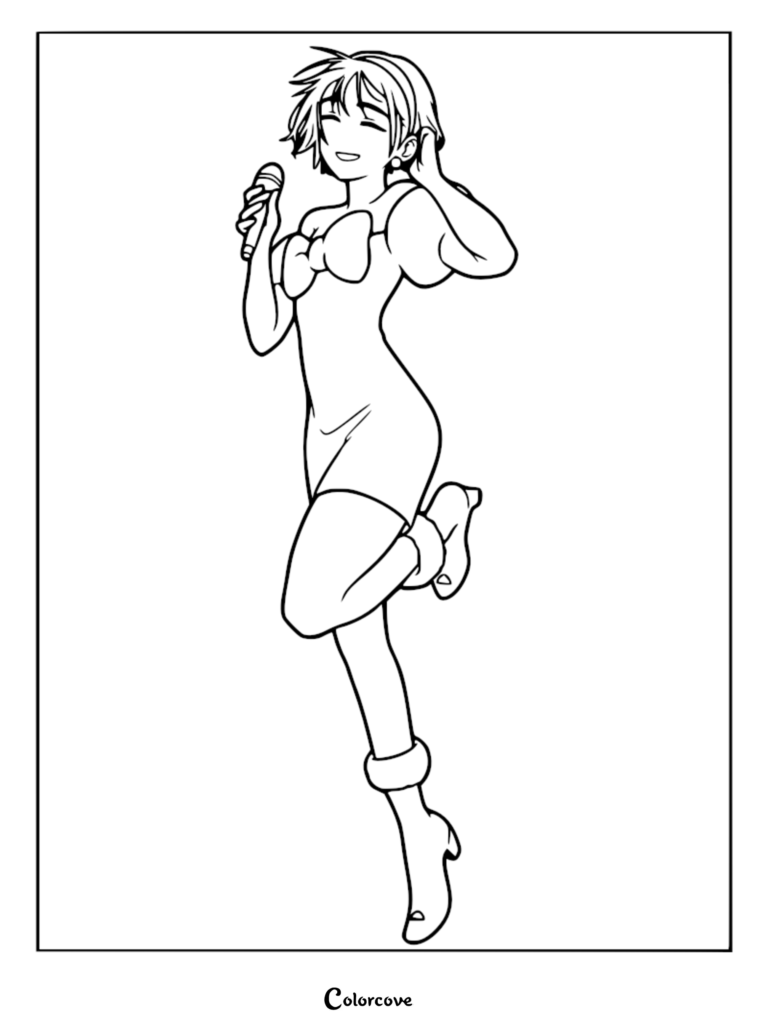 Line art of Sua from Alien Stage singing into a microphone while wearing a dress and boots, printable coloring page.