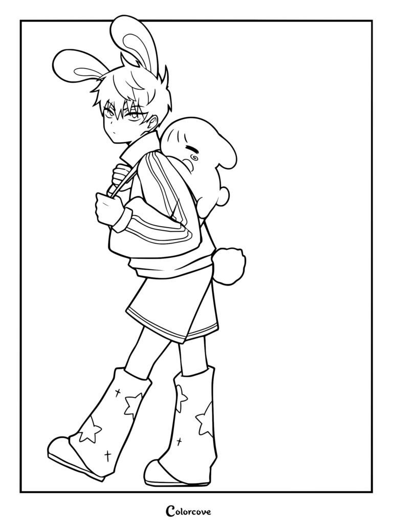 Till from Alien Stage wearing bunny ears and star-patterned boots, carrying a small plushie on his back in this printable coloring page.