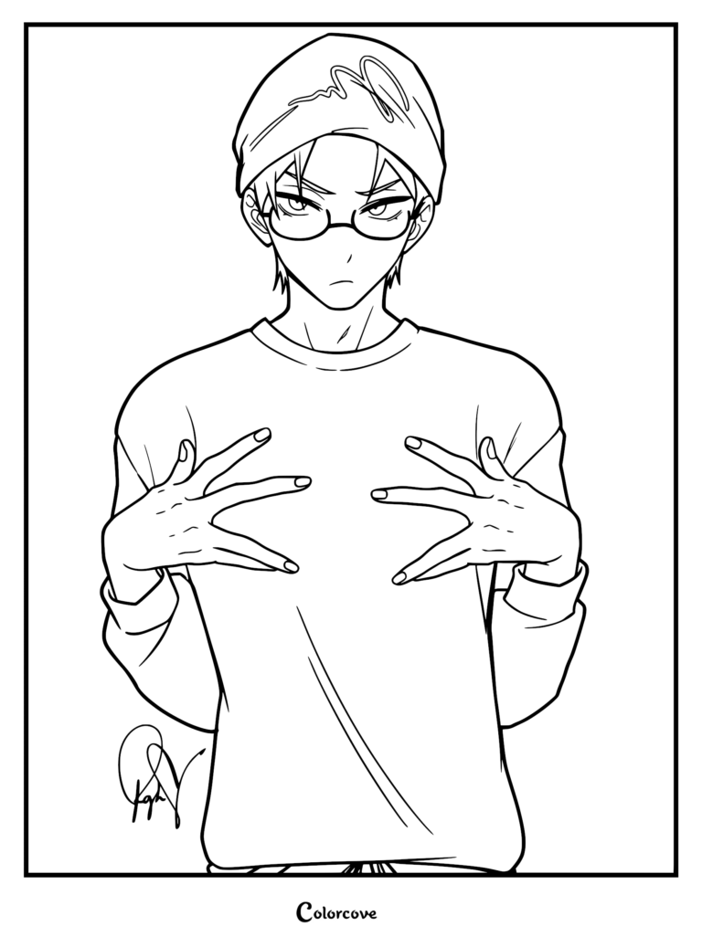 Till from Alien Stage wearing a beanie and glasses, making a hand gesture, printable coloring page.