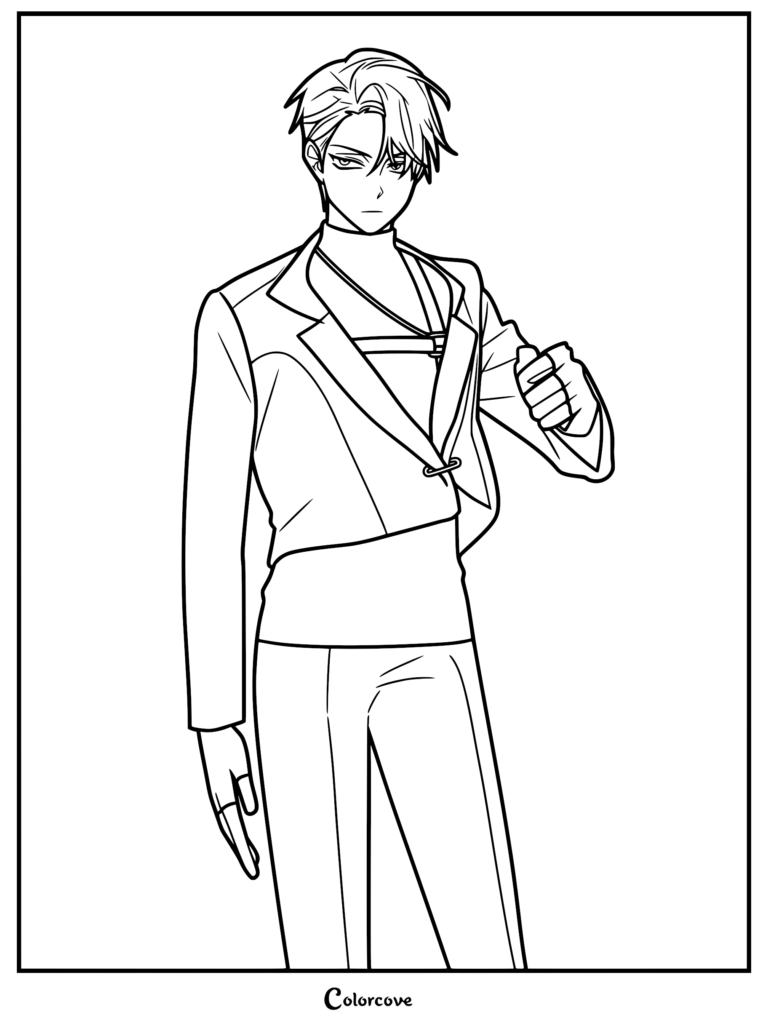 A detailed line art coloring page of Till from Alien Stage, featuring his signature silver hair, rebellious expression, and stage outfit with a harness.