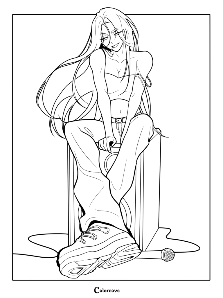 Line art of Hyuna from Alien Stage sitting confidently on a large speaker with a microphone on the floor, perfect for a printable coloring page.