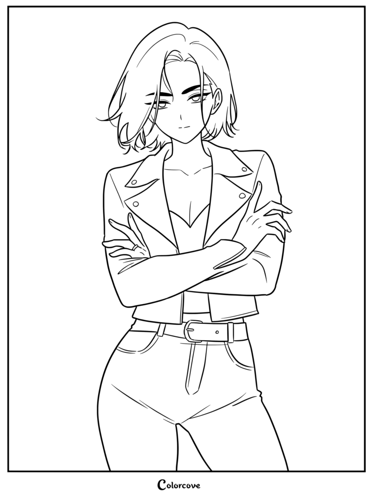 Line art of Hyuna from Alien Stage with short hair, wearing a leather jacket and jeans, standing with arms crossed, printable coloring page.