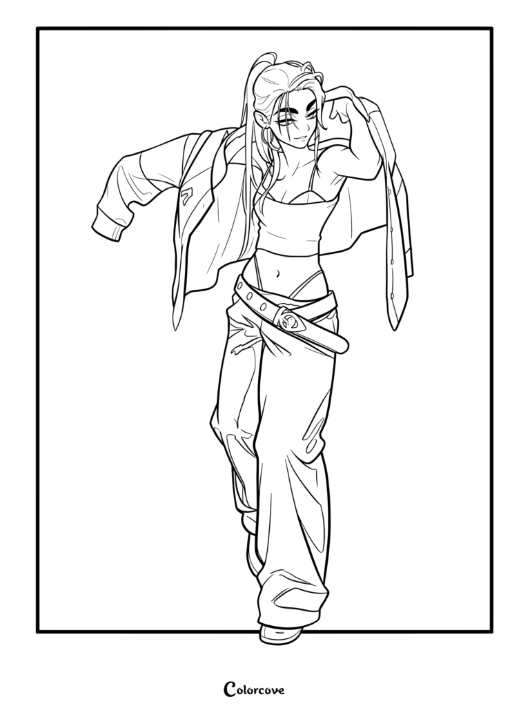 Line art of Hyuna from Alien Stage wearing a crop top and baggy pants, posing with a jacket draped over her shoulders, ready to be filled in as a coloring page.