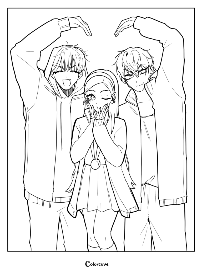 A line art coloring page featuring Ivan, Mizi, and Till from Alien Stage, with Ivan and Till forming a heart shape with their arms above Mizi, who is winking.