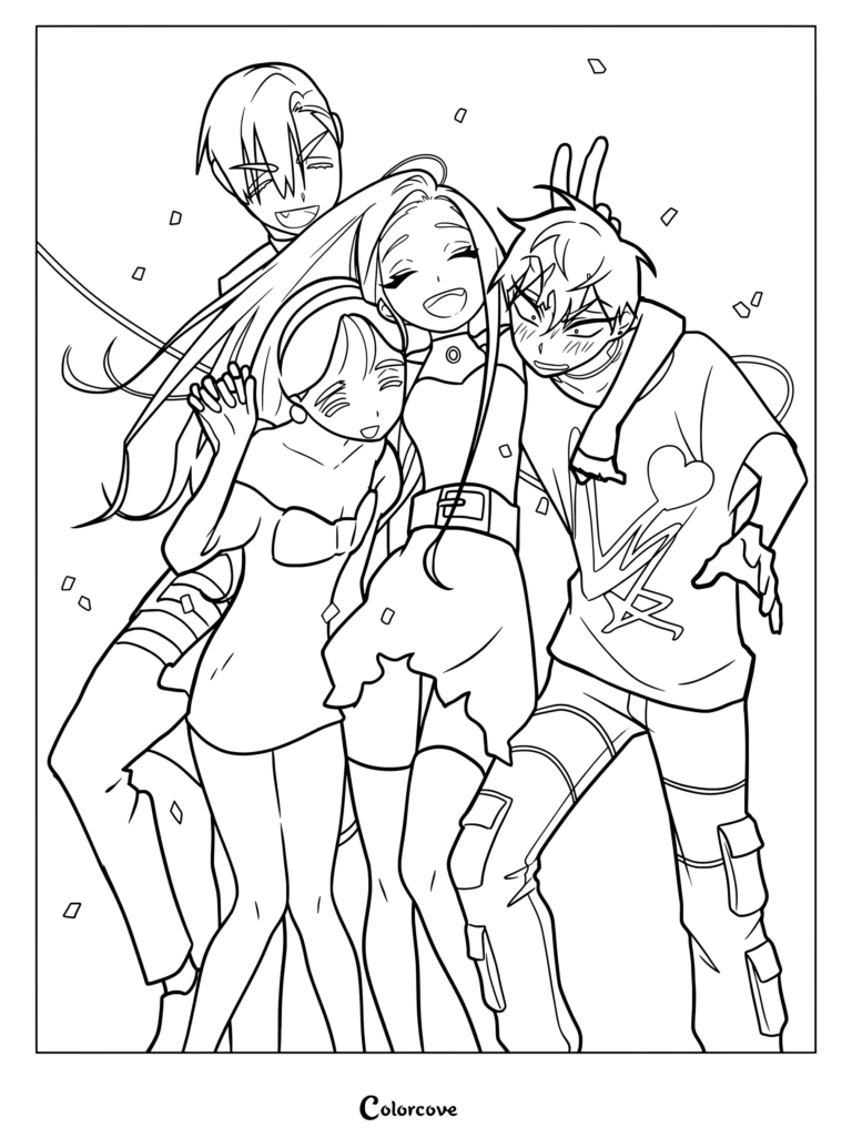 A line art coloring page featuring Mizi, Till, Sua, and Ivan from Alien Stage laughing and posing together in a group hug with confetti falling around them.