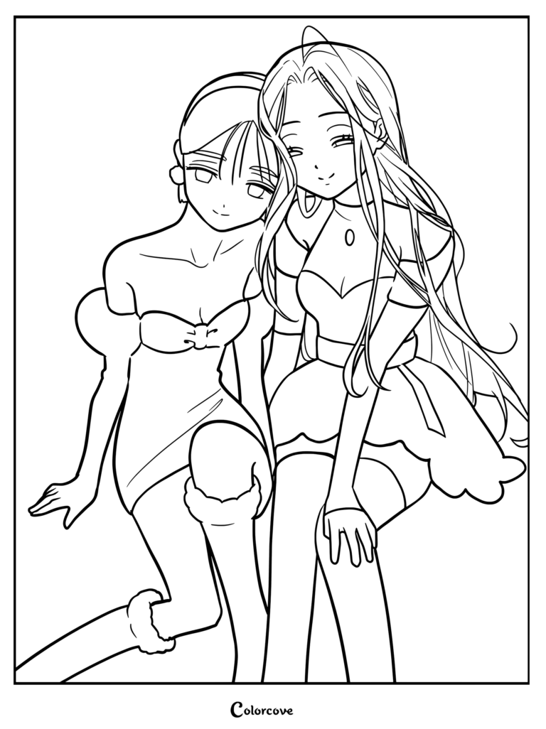 Line art of Mizi and Sua from Alien Stage sitting together, Mizi leaning her head on Sua's shoulder in a tender moment, suitable as a printable coloring page.