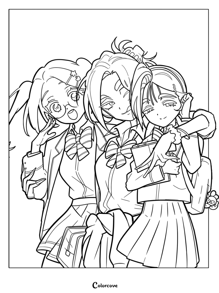 Line art coloring page featuring Mizi, Hyuna, and Sua from Alien Stage posing together in their school uniforms.