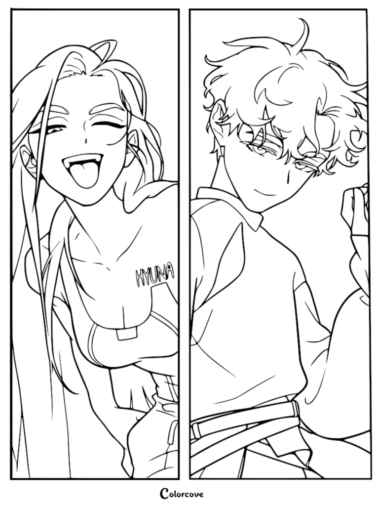 Line art coloring page featuring Hyuna winking with her tongue out next to a portrait of Luka with messy hair.