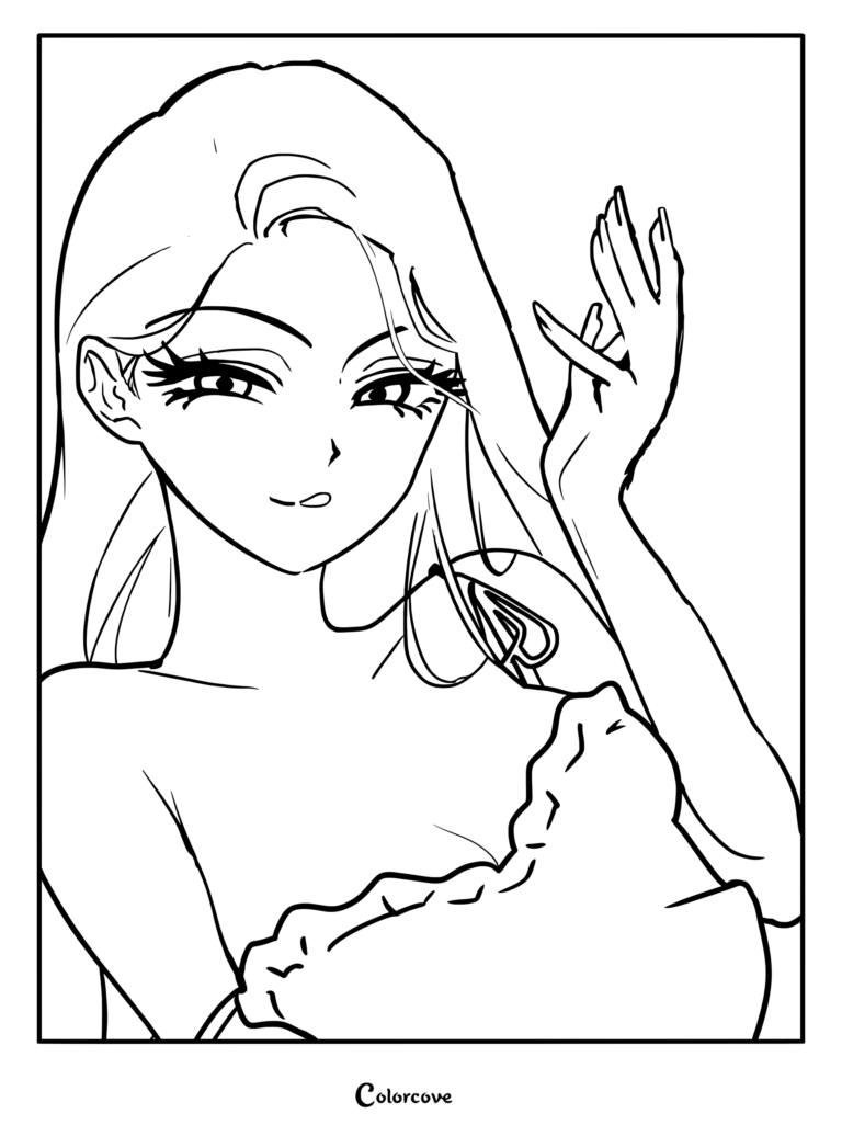 Line art coloring page of Mizi from Alien Stage with long hair and expressive eyes.