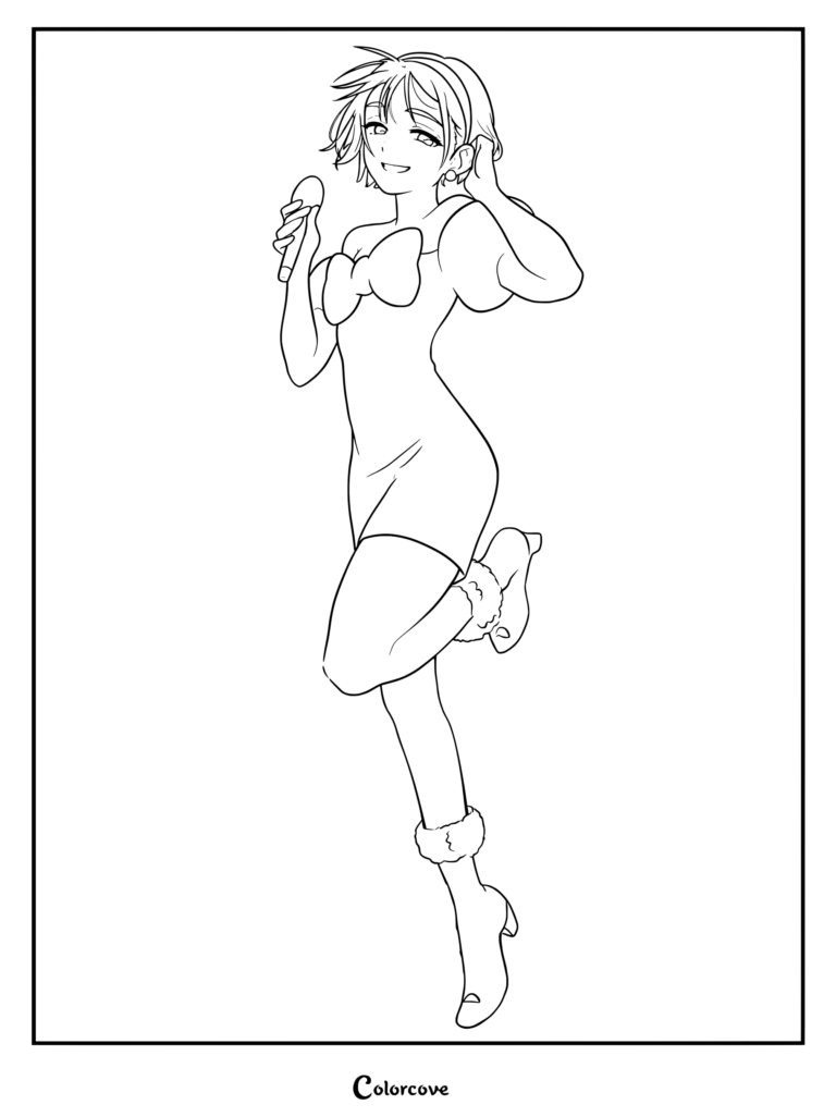 Line art coloring page of Sua from Alien Stage, shown smiling while holding a microphone and wearing a dress with a large bow.