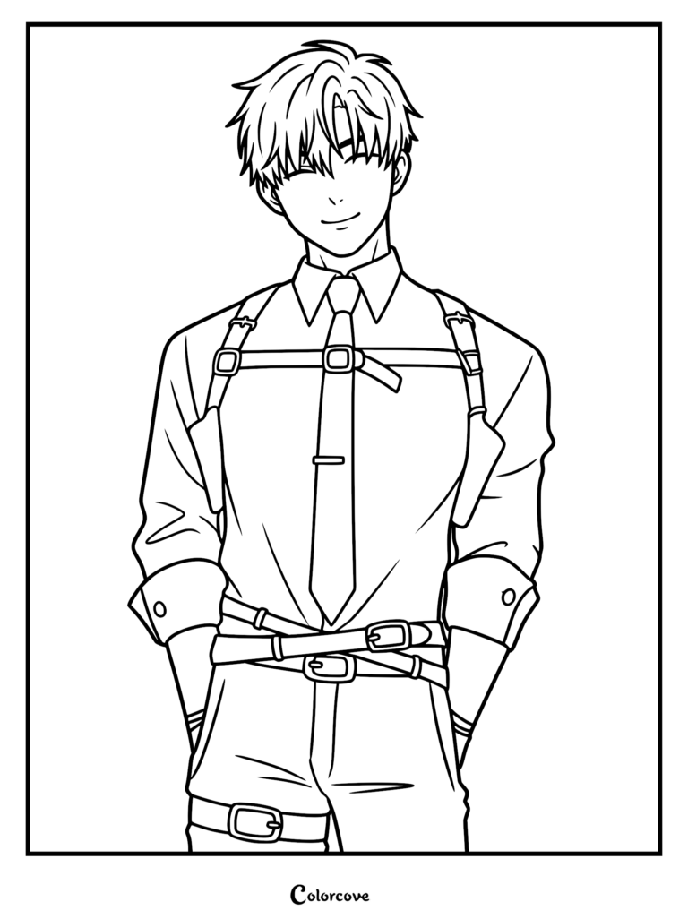 A detailed line art coloring page of Ivan from Alien Stage, featuring him with his signature dark hair, wearing a button-up shirt, tie, and tactical harness straps.