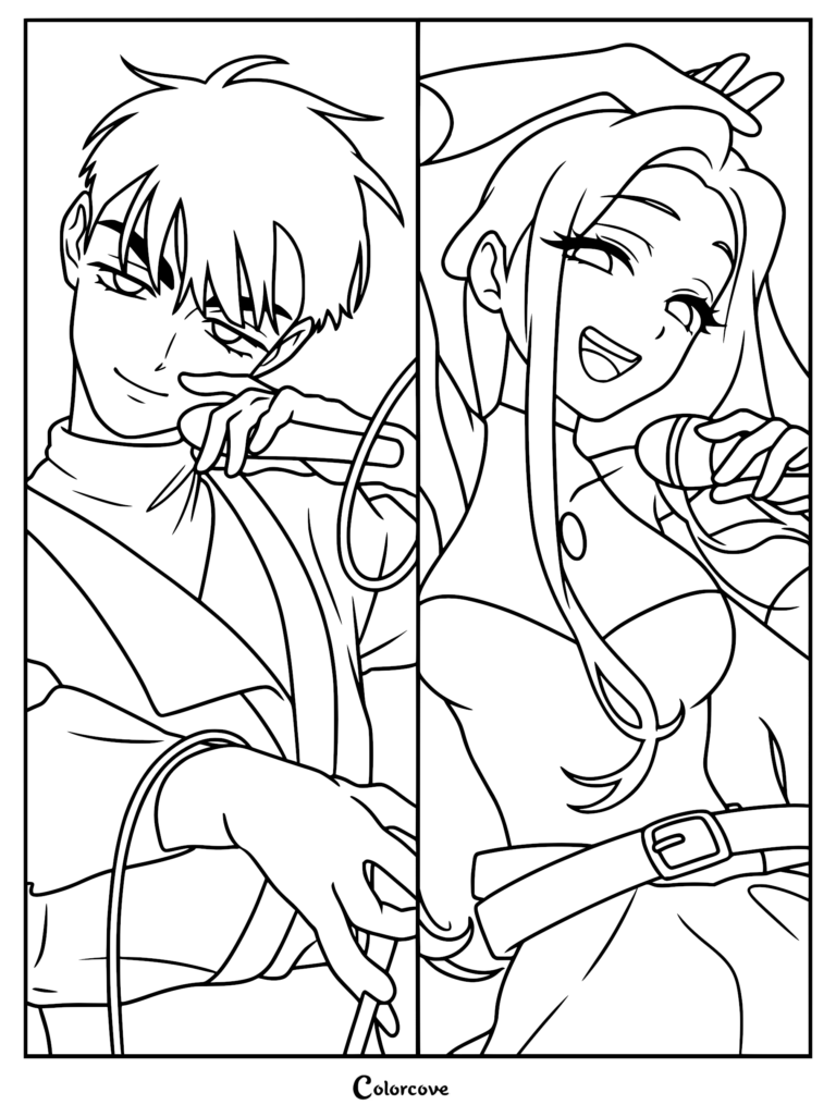 Line art coloring page featuring Ivan and Mizi from Alien Stage, each holding a microphone in separate panels.