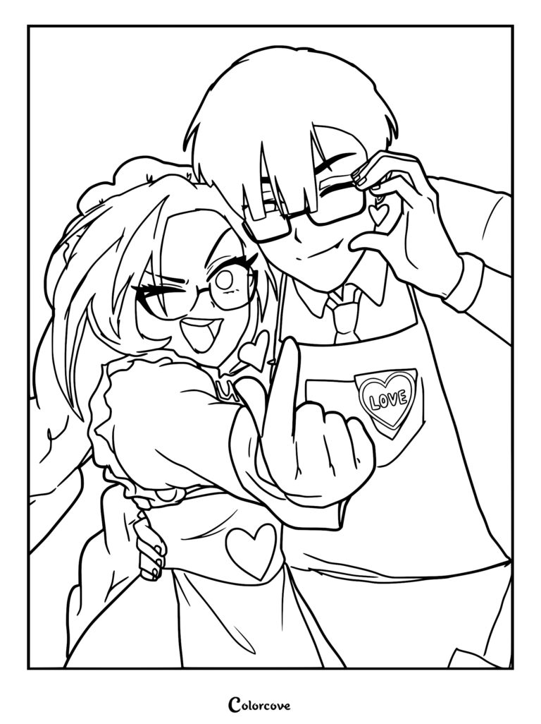Line art coloring page of Ivan and Mizi from Alien Stage wearing matching aprons with heart designs and glasses, posing together for a photo.
