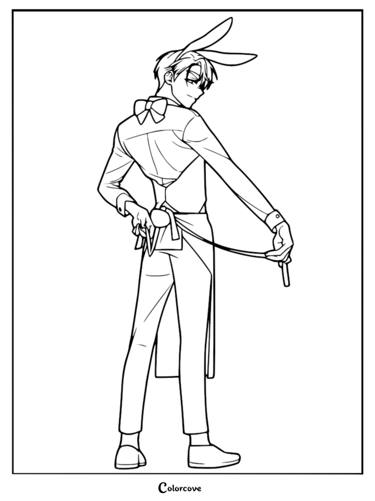Ivan from Alien Stage wearing a bunny ear headband and a formal apron in this printable line art coloring page.