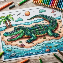 Coloring page featuring a vibrant, detailed alligator on a beach with palm trees, ocean waves, and colored pencils around.