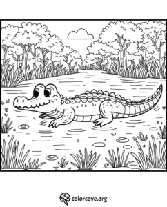 Cute alligator coloring page for kids, featuring a happy alligator in a jungle river scene. Printable and fun!