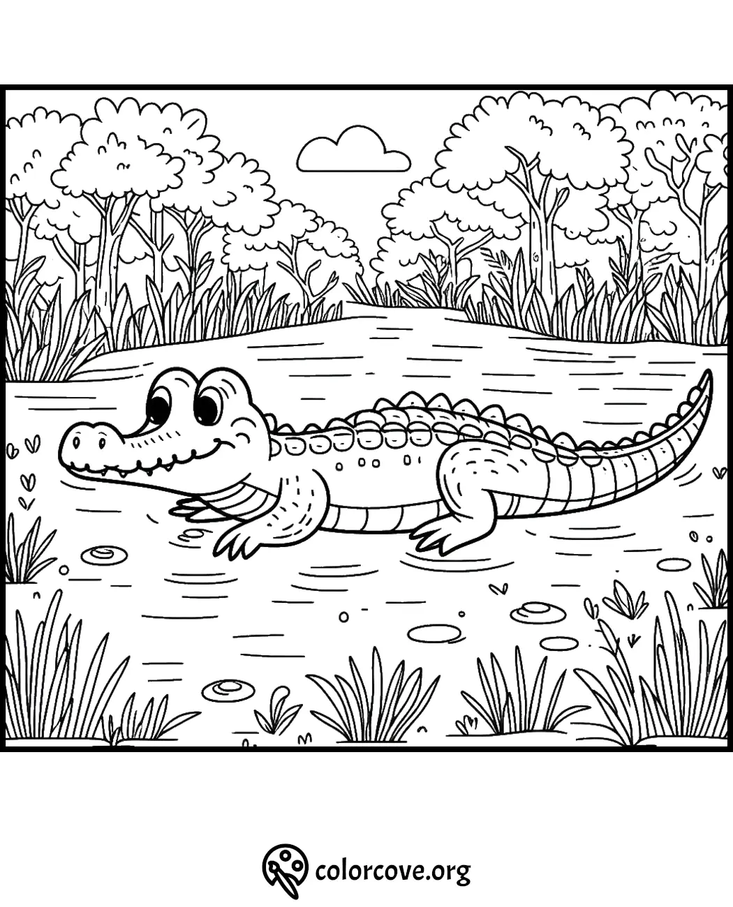 Cute alligator coloring page for kids, featuring a happy alligator in a jungle river scene. Printable and fun!