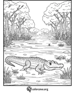 Alligator in swamp coloring page with detailed trees, water, and grass. Printable for kids to color and learn.