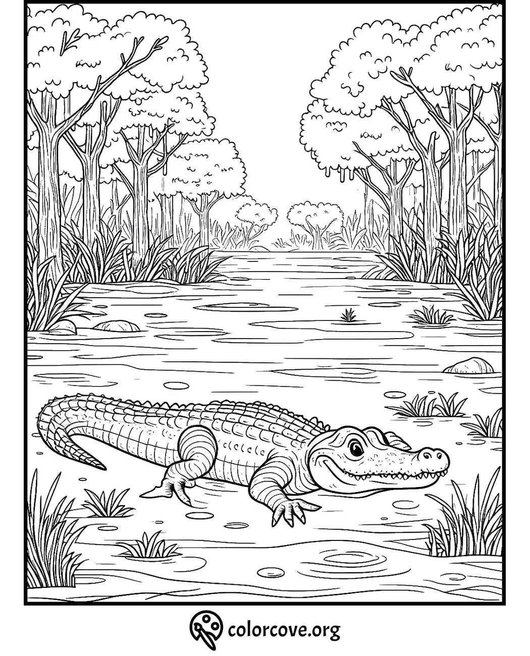 Alligator in swamp coloring page with detailed trees, water, and grass. Printable for kids to color and learn.