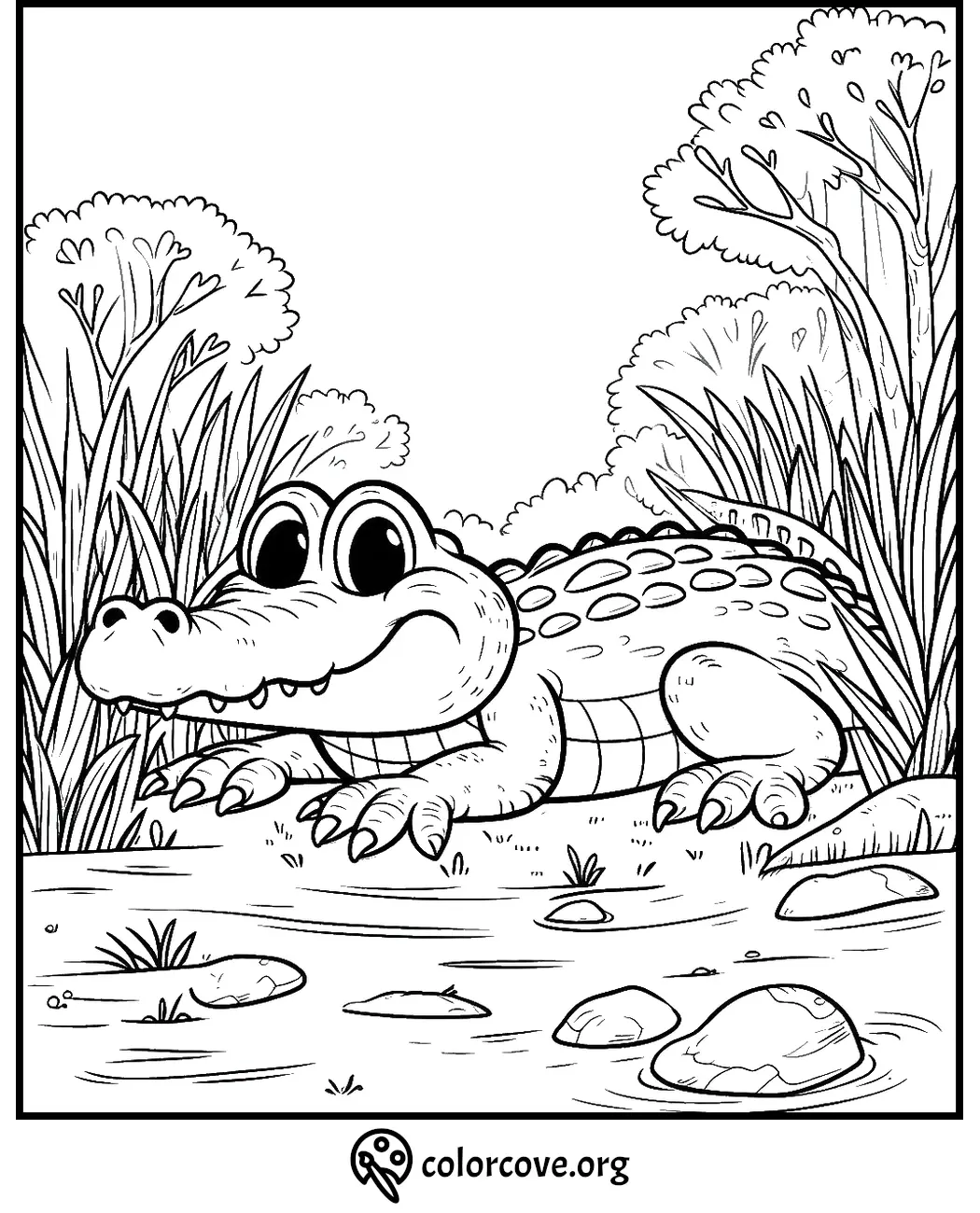 Cute alligator coloring page with a smiling alligator near a pond surrounded by trees and bushes.