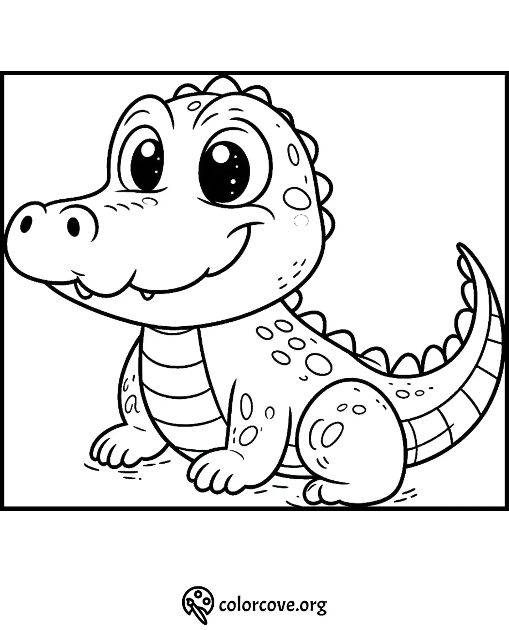 Adorable baby crocodile coloring page for kids with big eyes and a happy smile by colorcove.org. Fun and engaging activity.