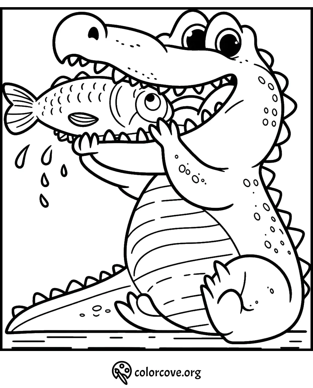 Crocodile with wide eyes holding a fish in its mouth colouring page from Colorcove.org for kids to color in.