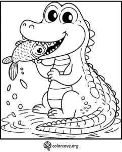 Cute alligator holding fish coloring page for kids. Printable and easy to color. Visit colorcove.org for more pages.