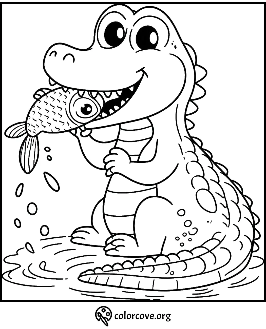 Cute alligator holding fish coloring page for kids. Printable and easy to color. Visit colorcove.org for more pages.