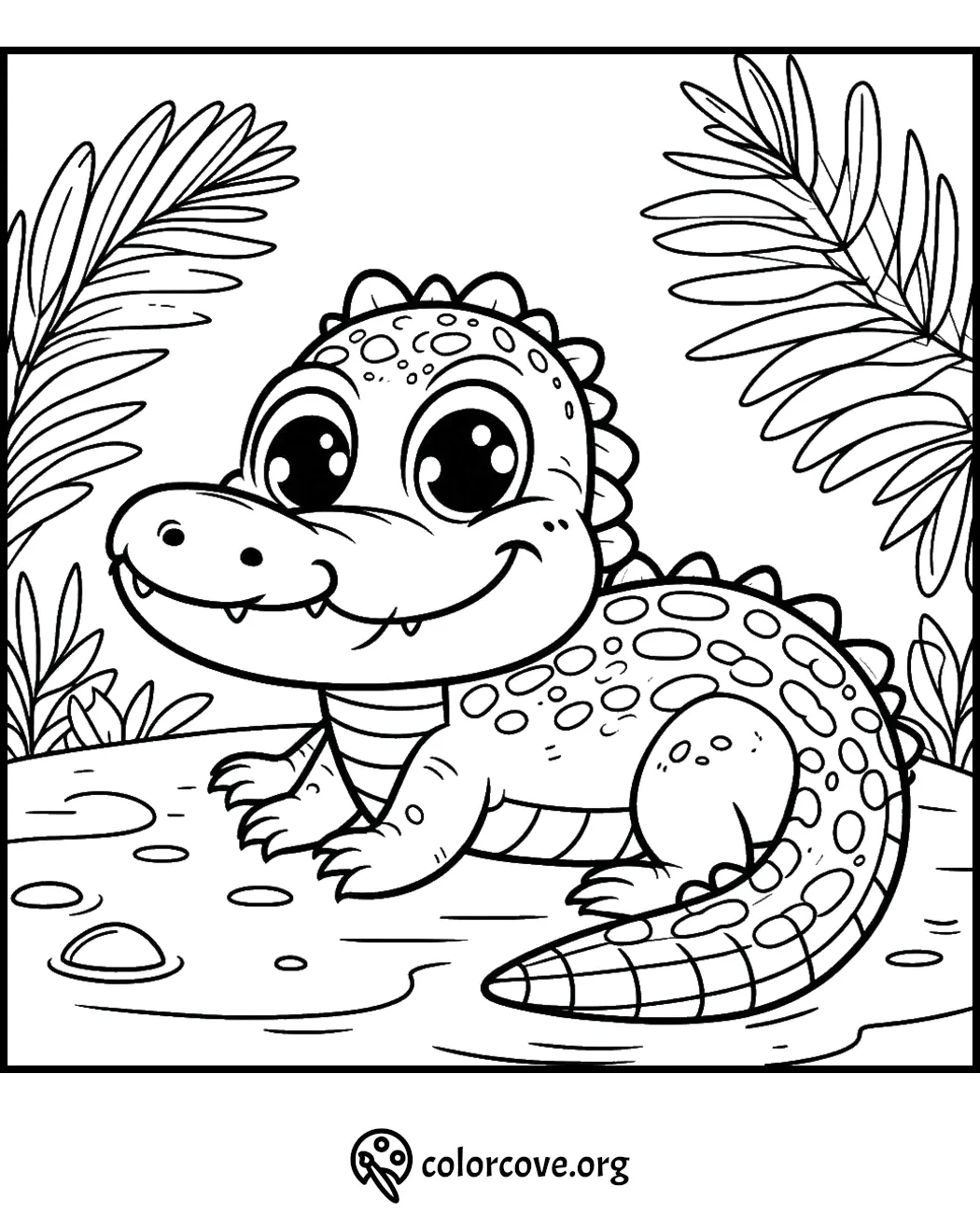 Cute baby alligator coloring page with jungle theme, perfect for kids' fun and educational activities.