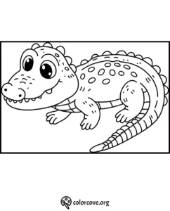 Cute alligator coloring page with big eyes and spots for kids to color. Printable animal coloring sheet by colorcove.org.