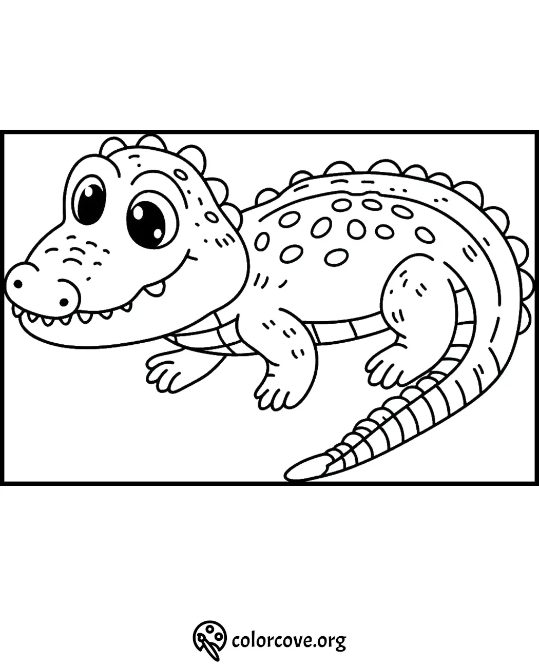 Cute alligator coloring page with big eyes and spots for kids to color. Printable animal coloring sheet by colorcove.org.