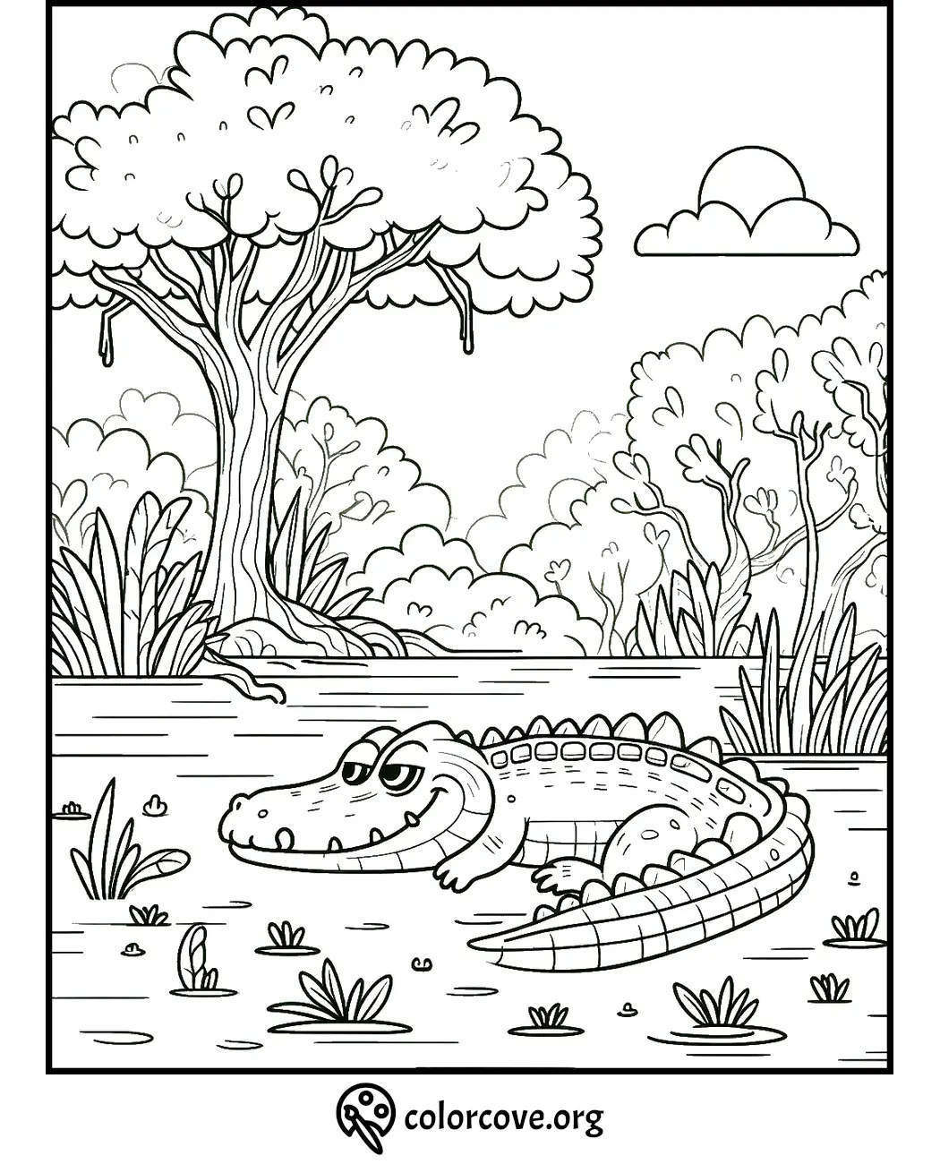 Crocodile coloring page for kids with a playful crocodile by a river, surrounded by trees and grass. Print and color!