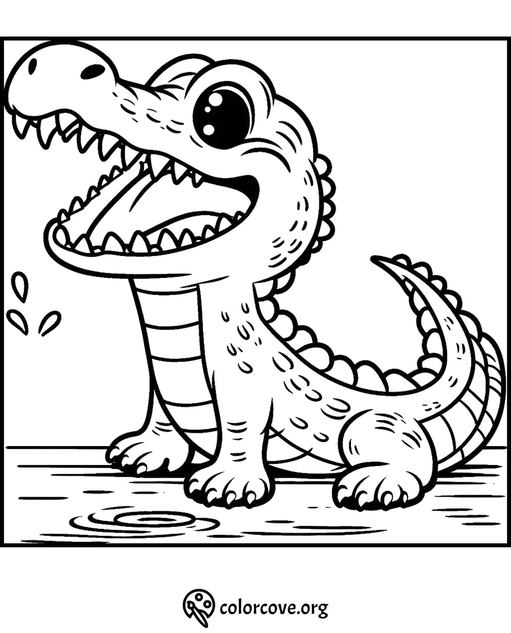 Cute crocodile coloring page for kids with a happy cartoon crocodile by the water, ready to be colored.