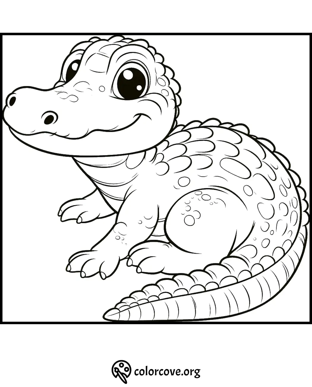 Smiling cartoon alligator coloring page for kids from ColorCove.org. Fun printable activity for children.