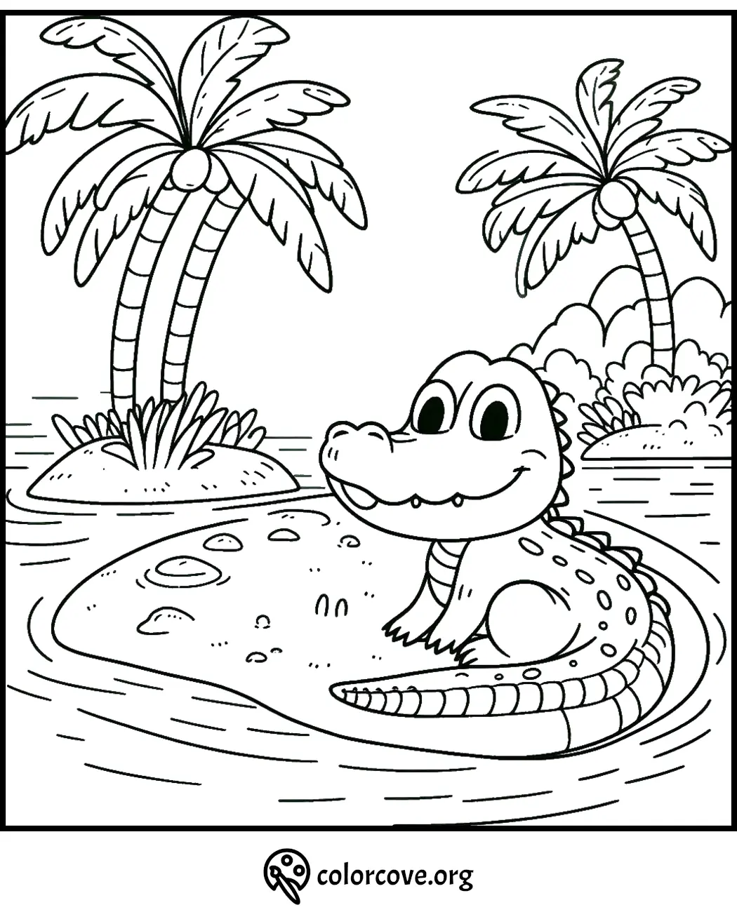 Cute baby crocodile coloring page featuring an island with palm trees and a smiling crocodile. Ideal for kids.